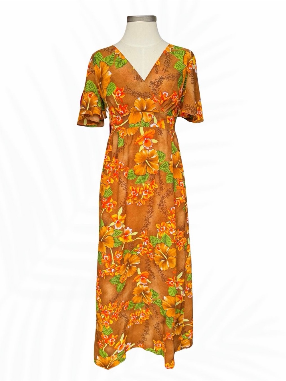 Vintage Made in Hawaii Hawaiian Aloha Maxi Dress Hibiscus Floral Brown Orange